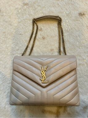 Saint Laurent Taupe Chevron Quilted Monogram Chain Shoulder Bag